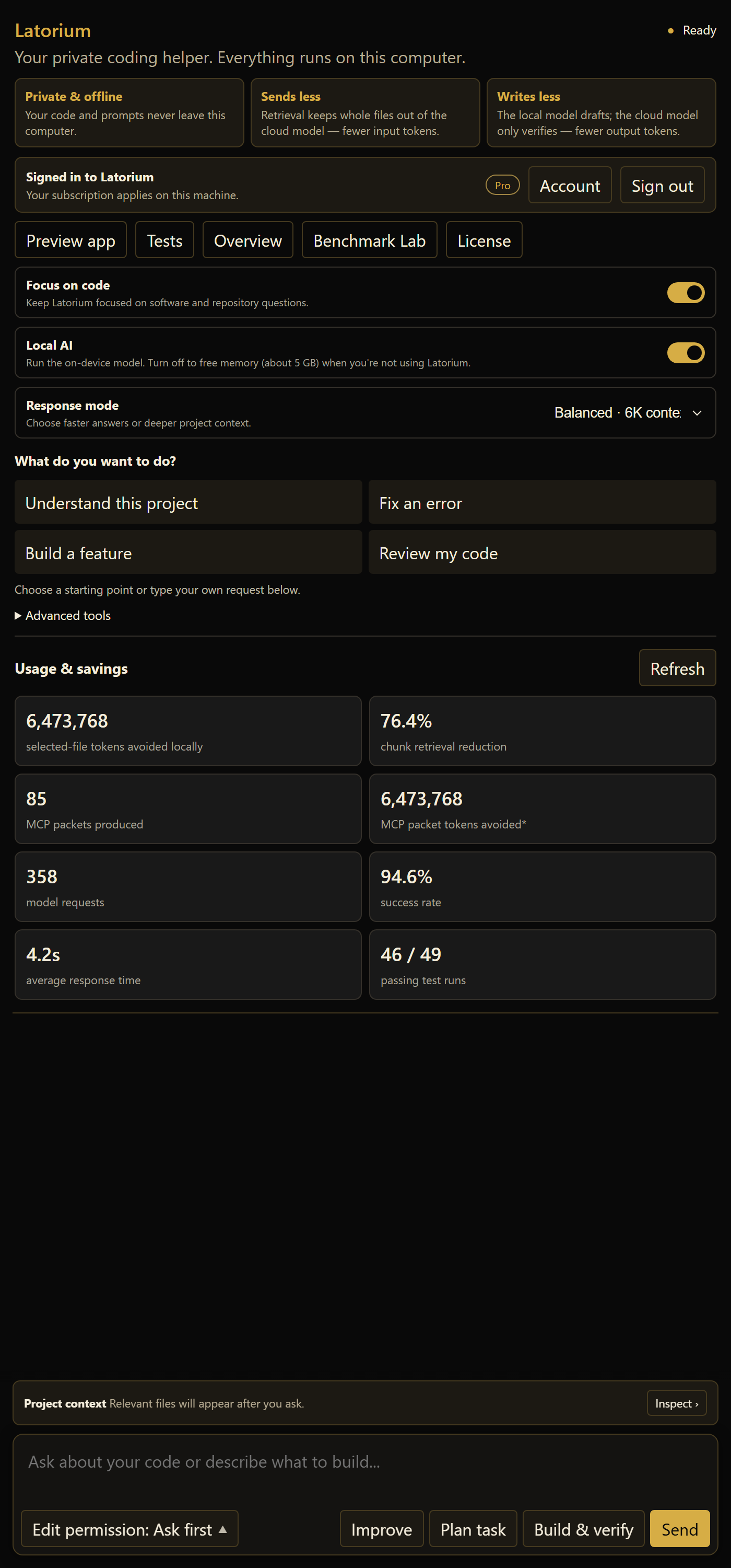 The Latorium sidebar in VS Code: a Ready indicator, three cards explaining that code stays on this computer and that retrieval and local drafting cut input and output tokens, toggles for Focus on code and Local AI, a Balanced 6K response mode, starting prompts, and a live usage and savings panel.