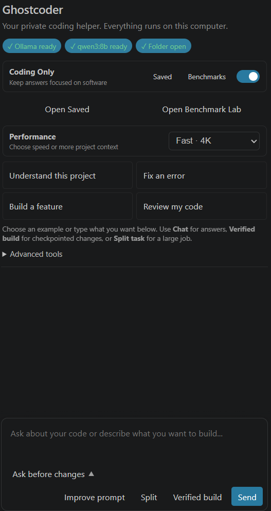 The Latorium sidebar in VS Code, showing Ollama ready, qwen3:8b ready and folder open, a performance selector, and prompts for understanding a project, fixing an error, building a feature or reviewing code.